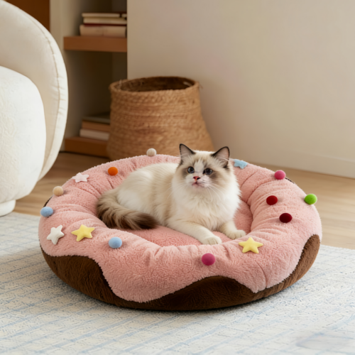 Petopia Donut Cat Bed Ultra-Soft Plush Calming Pet Nest for Cats & Small Dogs